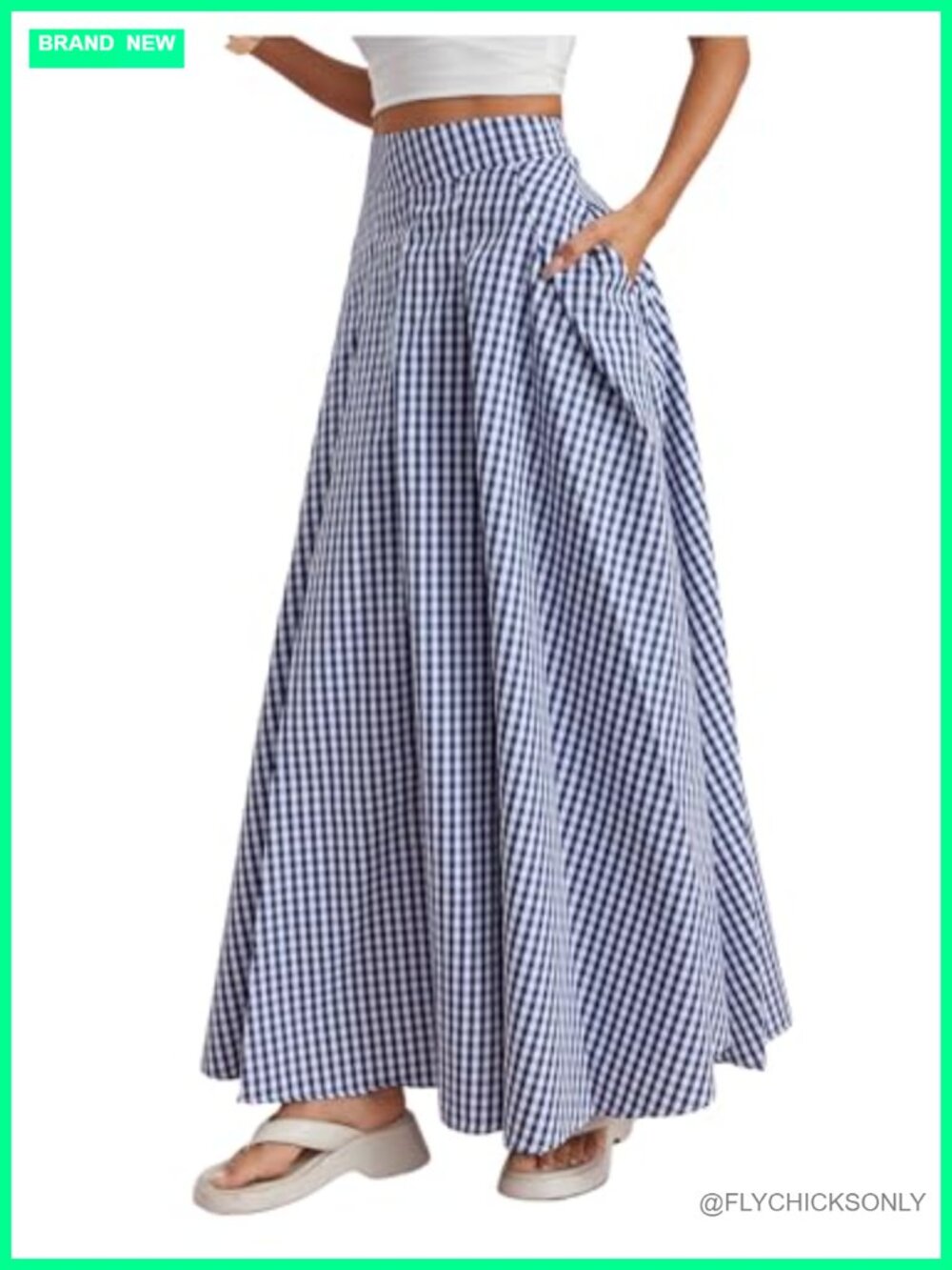 Plaid Gingham High Waist Maxi Skirt with Pockets Ruffle Flowy